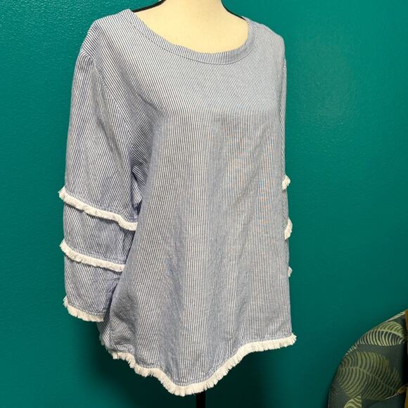 Cynthia Rowley Linen Cotton Blend Long Sleeve Blue & White Stripe Blouse 1X - Picture 2 of 10